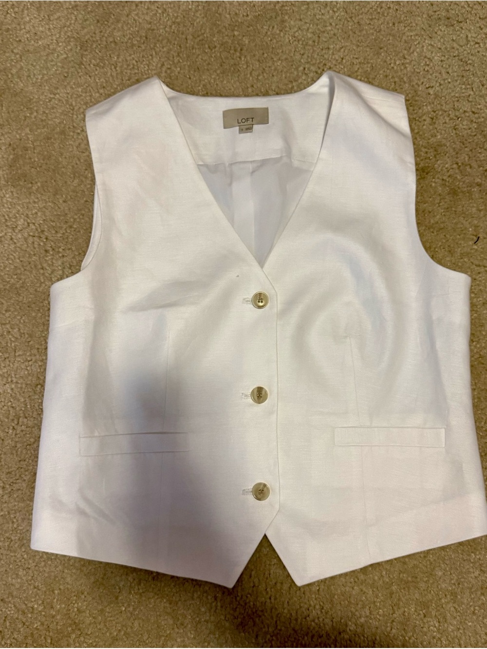 LOFT Cream Linen-Blend Button Front Vest
